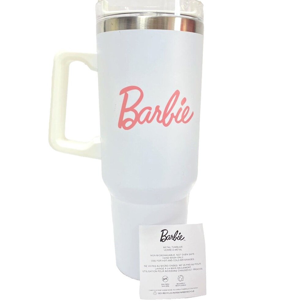 Barbie White 40oz Tumbler Cup Handle & Straw Lid Hot Cold Metal Water Bottle New